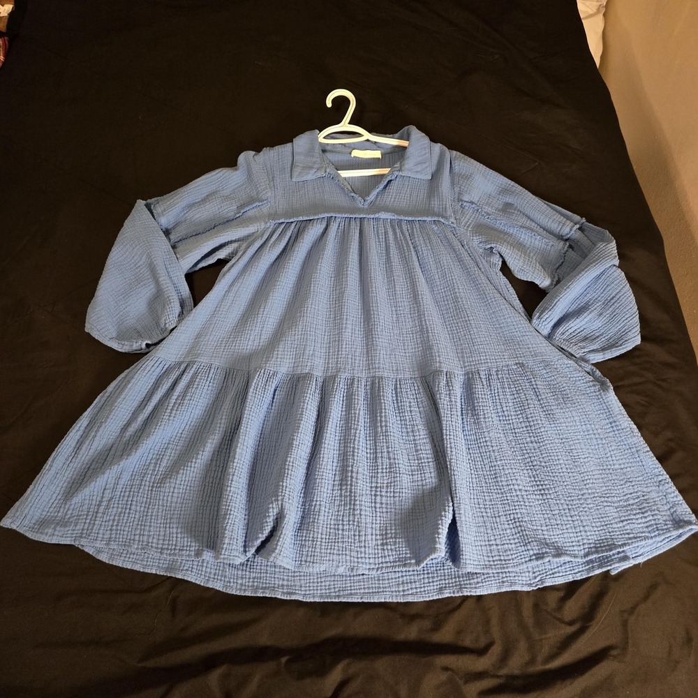 Ces Femme Dress Womens Large Blue Cotton Gauze V-Neck Long Sleeve Tiered Pockets